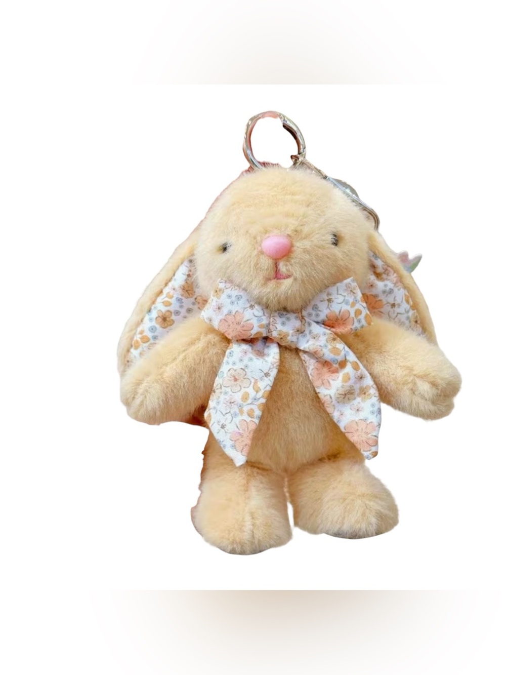 Plush Bunny Keychain with Floral Bow - Tan